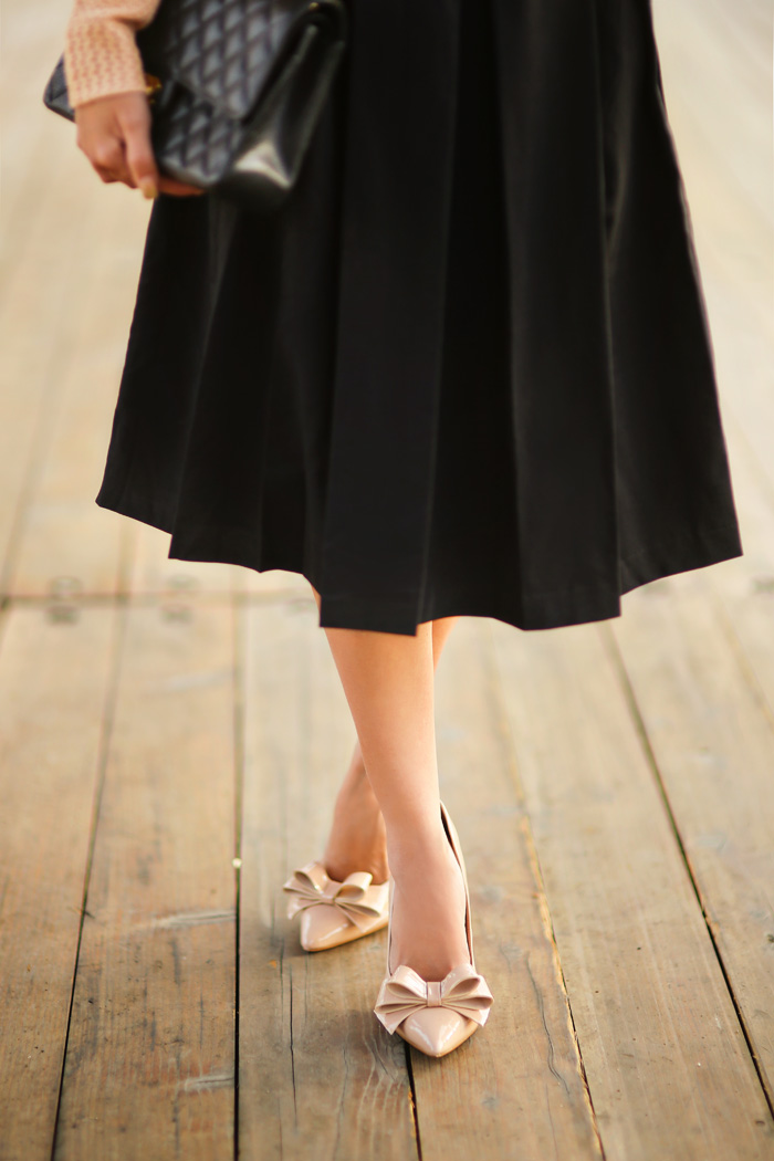 fashion blogger, petite fashion blog, fashionista, lace and locks, los angeles fashion blogger, full skirt, modcloth, outfit of the day, affordable fashion, asian fashion blogger, streetstyle, midi skirt, bow shoes, bow sweater