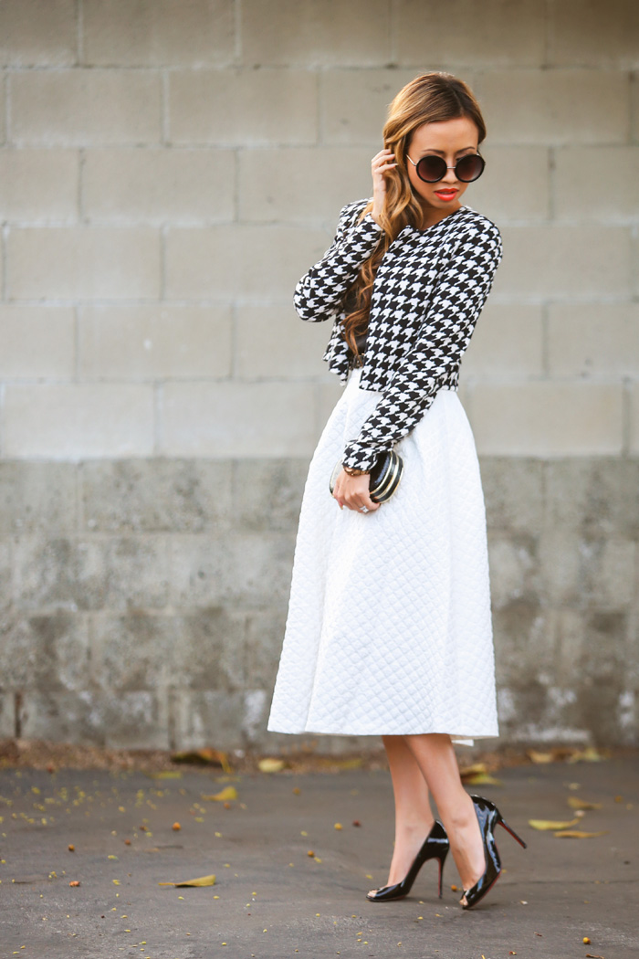 black and white midi skirt outfit